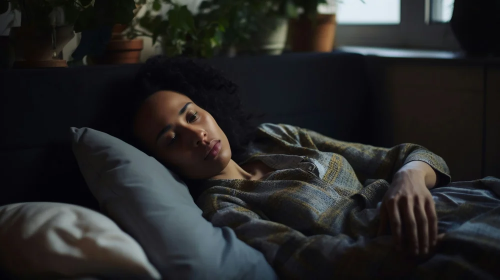 Woman experiencing low energy at home, emphasizing the importance of winter health tips for mood, rest, and self-care.