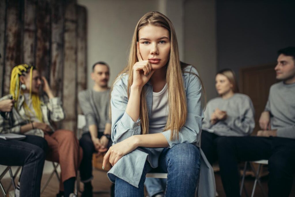 young woman sitting off by herself from rest of group wondering about group therapy vs individual therapy and which one is right for you