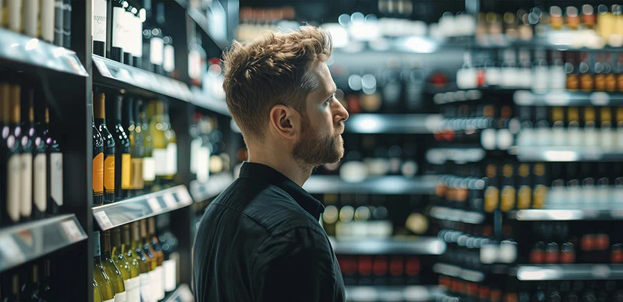 man staring at alcohol bottles, thinking about detection time
