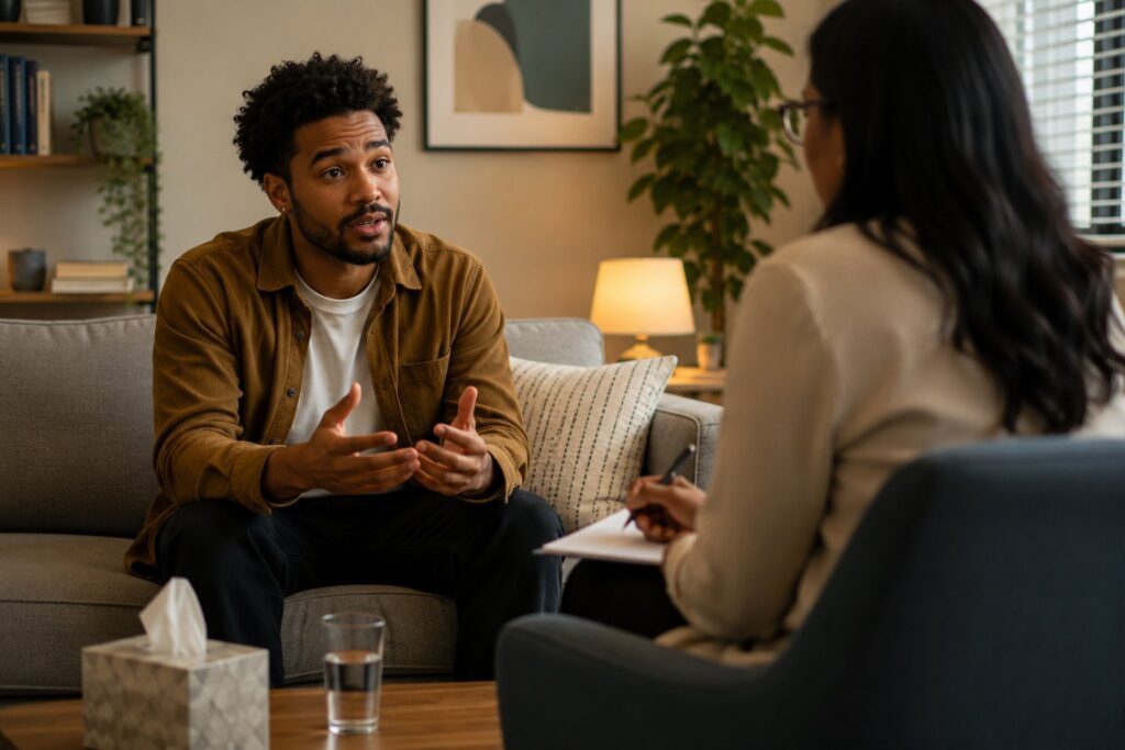 A man speaking with a counselor who is taking notes during a behavioral health assessment