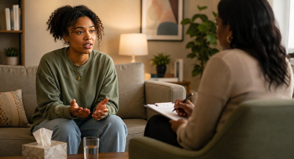 A woman talking with a therapist during an individual counseling session after detox