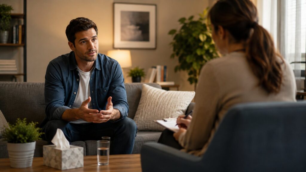 A man in an individual therapy session with a clinician at a Pennsylvania treatment center