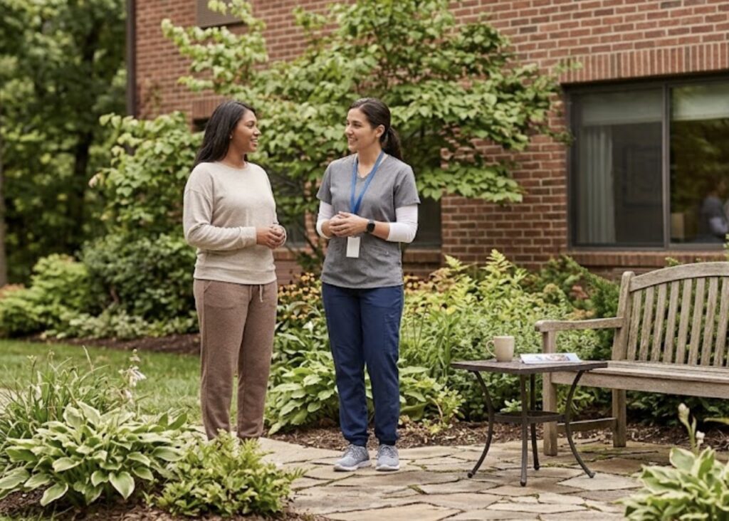 A resident walking outdoors with a staff member on the grounds of a behavioral health treatment facility