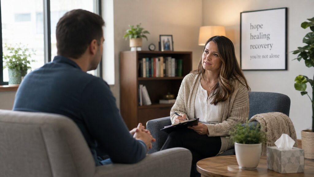 A therapist talking with a man about whether PHP or IOP is the right level of care